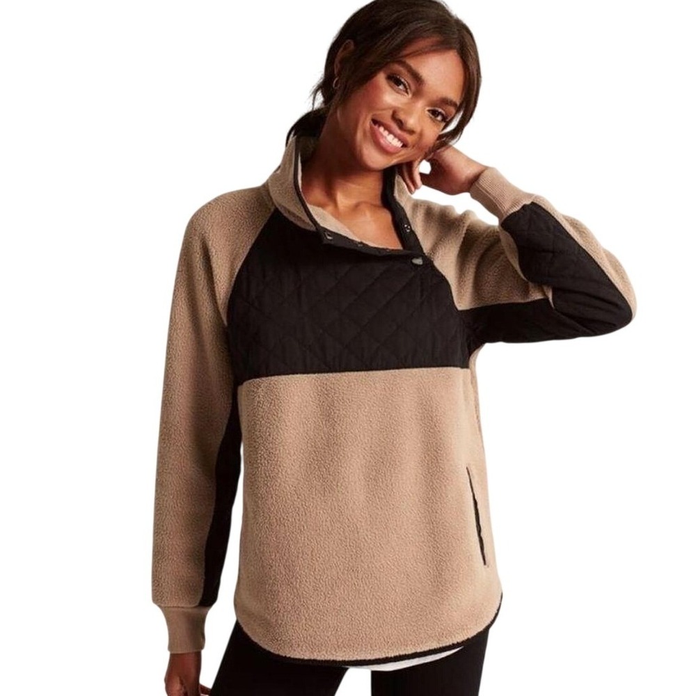 Abercrombie & Fitch Sherpa Fleece Quilted Faux Leather snap button brown tan S
